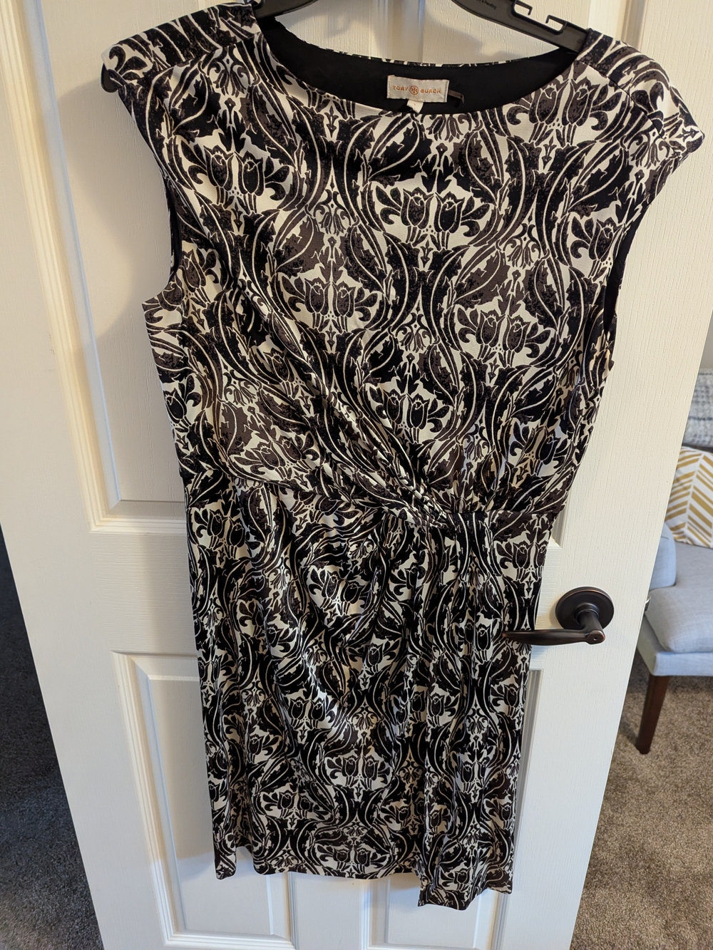 Tory Burch Black and White Printed Twist-Waist Sheath Dress
